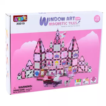 LEAN TOYS 25282 Magnetiniai statybiniai blokeliai Vitražo langų rinkinys su rožiniais žymekliais, 126 vnt., kūrybinis meno žaislas