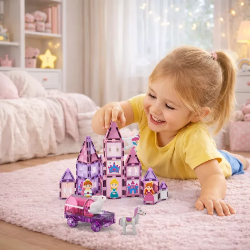 LEAN TOYS 25282 Magnetiniai statybiniai blokeliai Vitražo langų rinkinys su rožiniais žymekliais, 126 vnt., kūrybinis meno žaislas