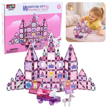 LEAN TOYS 25282 Magnetiniai statybiniai blokeliai Vitražo langų rinkinys su rožiniais žymekliais, 126 vnt., kūrybinis meno žaislas