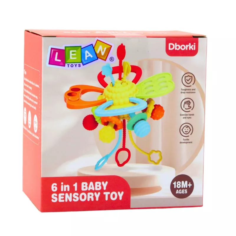LEAN TOYS 6-in-1 Sensorinis žaislas dantukams, traukimo virvelės, spragsiukas, spalvingas