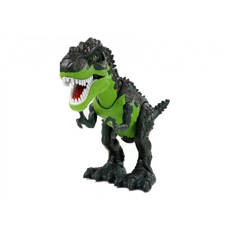 LEAN TOYS 7740 Baterijomis maitinamas interaktyvus T-Rex dinozauras su kiaušinių dėjimu, garo rūku, garso ir šviesos efektais – žalia
