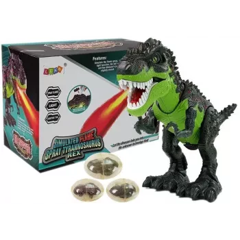 LEAN TOYS 7740 Baterijomis maitinamas interaktyvus T-Rex dinozauras su kiaušinių dėjimu, garo rūku, garso ir šviesos efektais – žalia