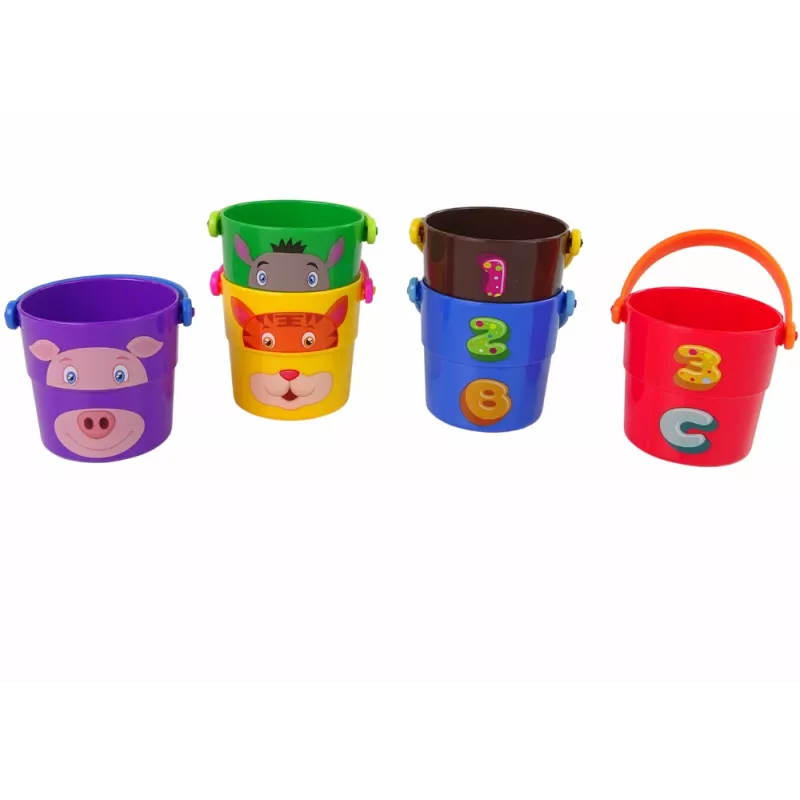 LEAN TOYS Spalvotų kibirėlių rinkinys su gyvūnėliais – piramidė