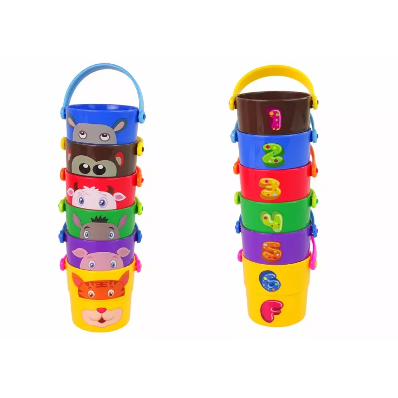 LEAN TOYS Spalvotų kibirėlių rinkinys su gyvūnėliais – piramidė