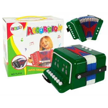LEAN TOYS Akordeono instrumentas jaunajam muzikantui žalias – 12 mygtukų akustinis žaislinis akordeonas su reguliuojamu peties dirželiu, nuo 3 metų