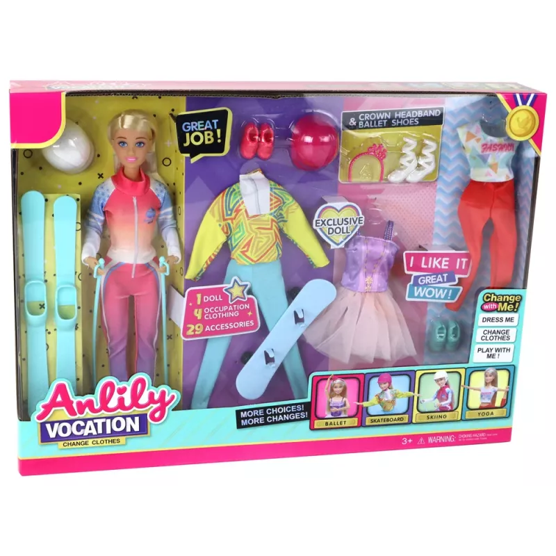 LEAN TOYS Anlily vaikiška lėlė su 4 sportinio slidinėjimo aksesuarais