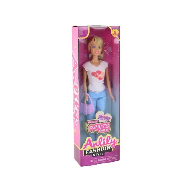 LEAN TOYS Anlily vaikiška lėlė ilgais šviesiais plaukais, rankine, akiniais, balta palaidine