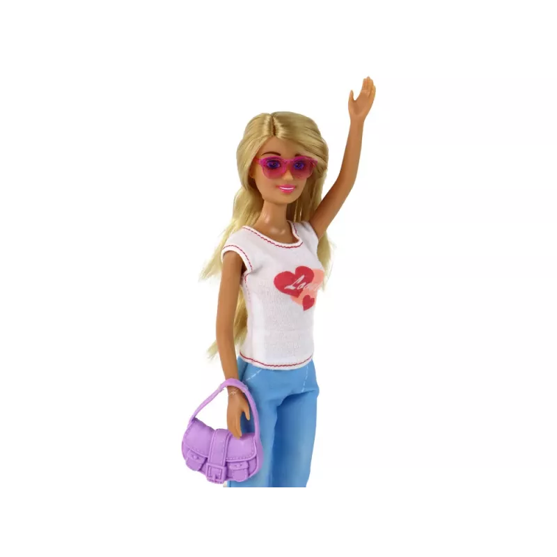 LEAN TOYS Anlily vaikiška lėlė ilgais šviesiais plaukais, rankine, akiniais, balta palaidine