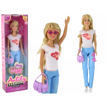 LEAN TOYS Anlily vaikiška lėlė ilgais šviesiais plaukais, rankine, akiniais, balta palaidine