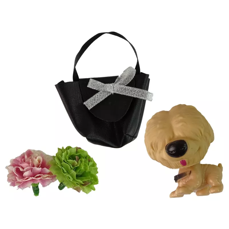LEAN TOYS Baby Emily lėlė su šuniuko rankine ir gėlėmis