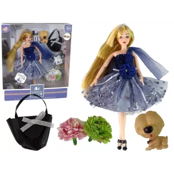LEAN TOYS Baby Emily lėlė su šuniuko rankine ir gėlėmis