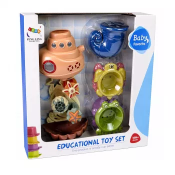 LEAN TOYS vonios žaislų rinkinys: laivas, jūros gyvūnai, krioklys, siurbtukai