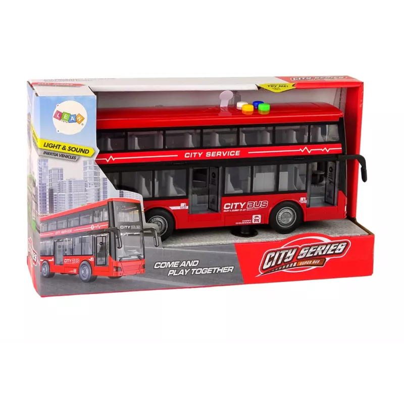 LEAN TOYS Baterijomis varomas dviaukštis autobusas su šviesomis ir garsais, inercinė pavara, raudonas