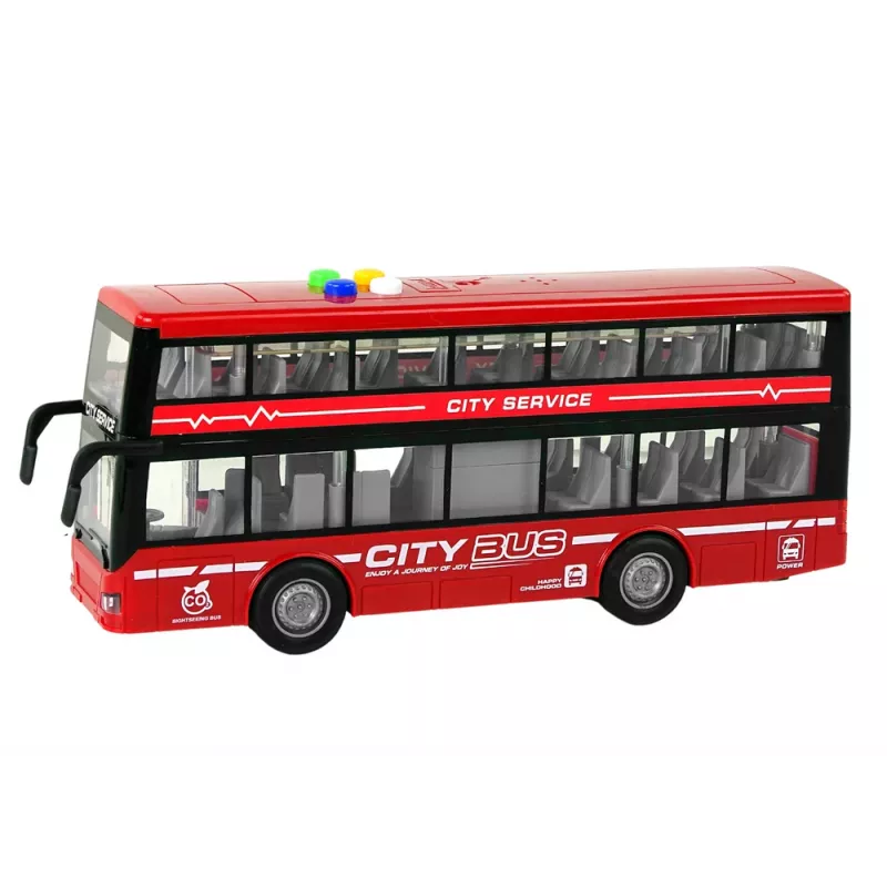 LEAN TOYS Baterijomis varomas dviaukštis autobusas su šviesomis ir garsais, inercinė pavara, raudonas