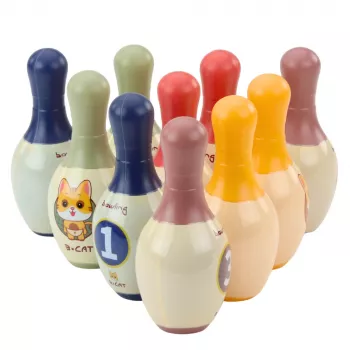 LEAN TOYS boulingo rinkinys su katėmis vaikams 10 kėglių 2 spalvoti kamuoliai