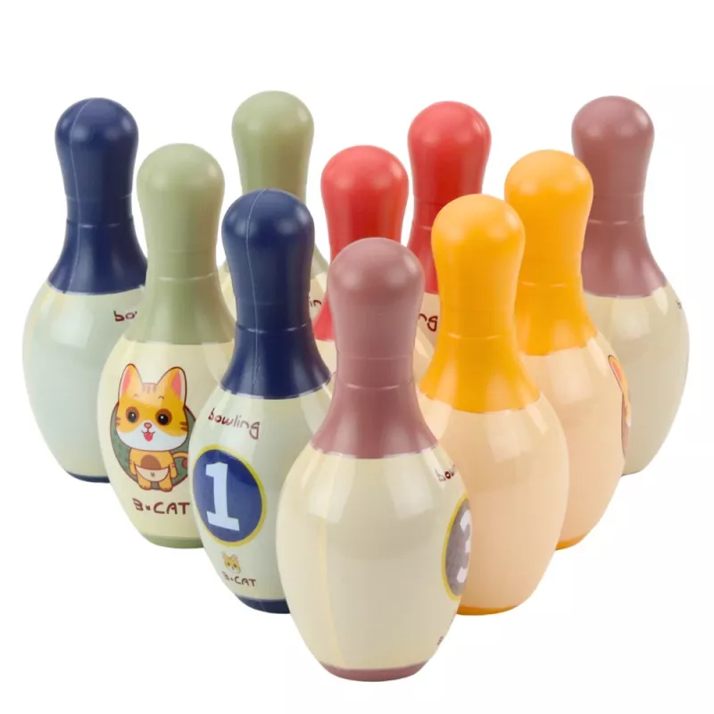 LEAN TOYS boulingo rinkinys su katėmis vaikams 10 kėglių 2 spalvoti kamuoliai
