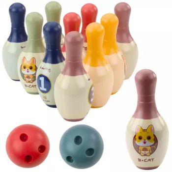 LEAN TOYS boulingo rinkinys su katėmis vaikams 10 kėglių 2 spalvoti kamuoliai
