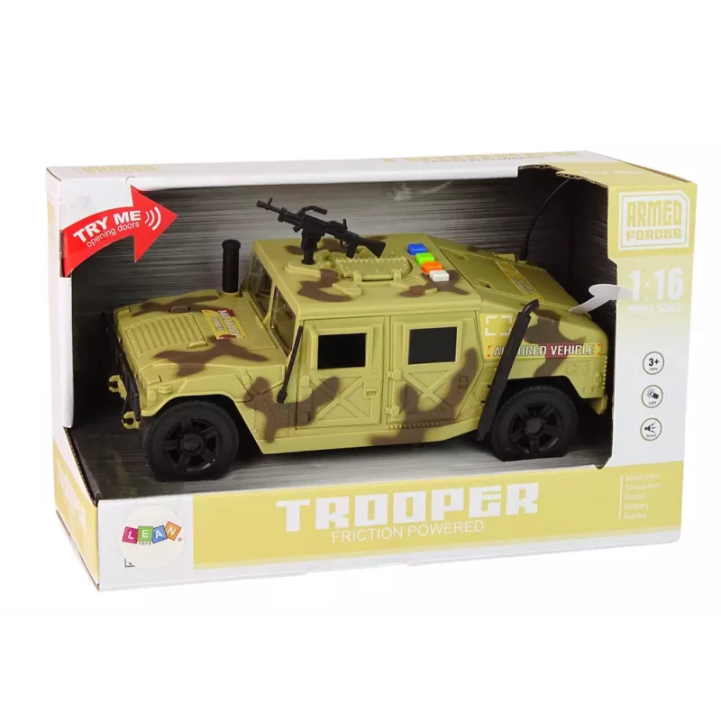 LEAN TOYS Karinis automobilis su trinties pavara, kamufliažinis smėlio atspalvis, šviesos ir garsai