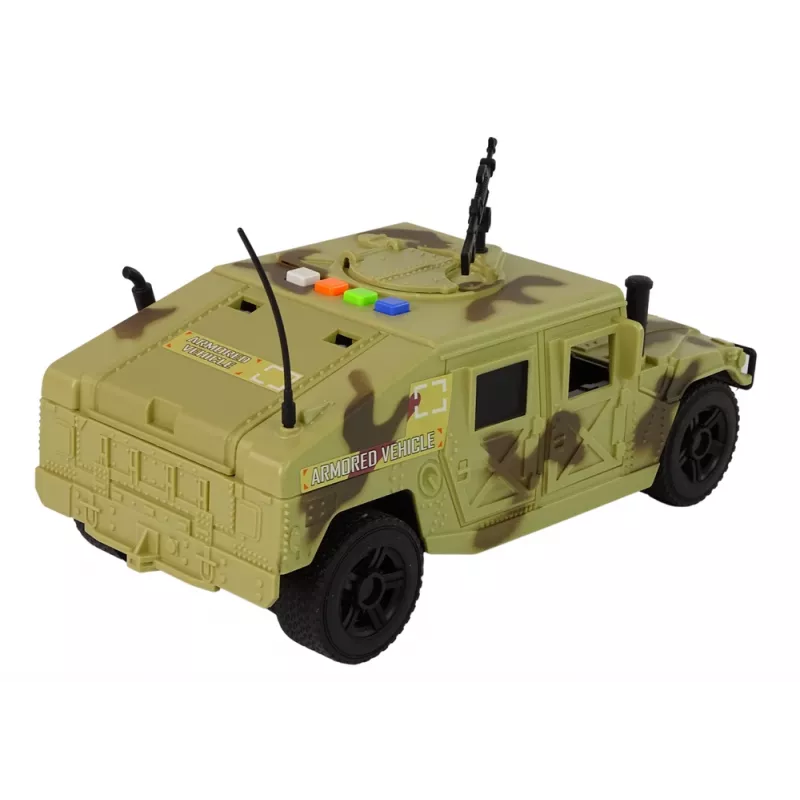 LEAN TOYS Karinis automobilis su trinties pavara, kamufliažinis smėlio atspalvis, šviesos ir garsai