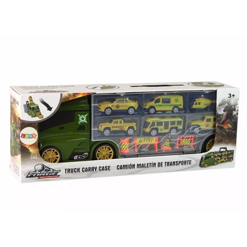 LEAN TOYS Automobilinis vilkikas su spyruokliniu mechanizmu ir lagaminu žaliems automobiliams