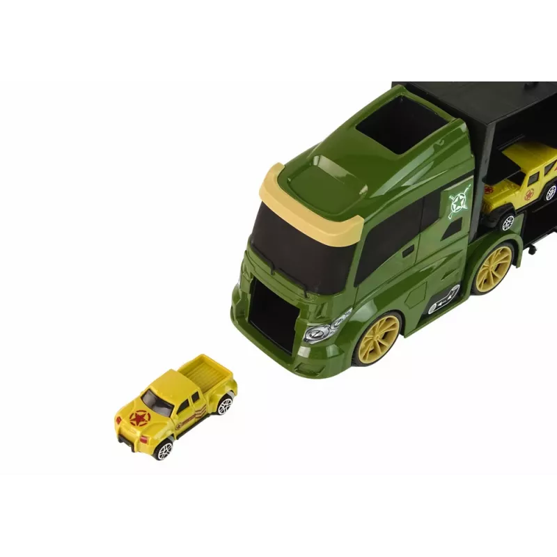 LEAN TOYS Automobilinis vilkikas su spyruokliniu mechanizmu ir lagaminu žaliems automobiliams