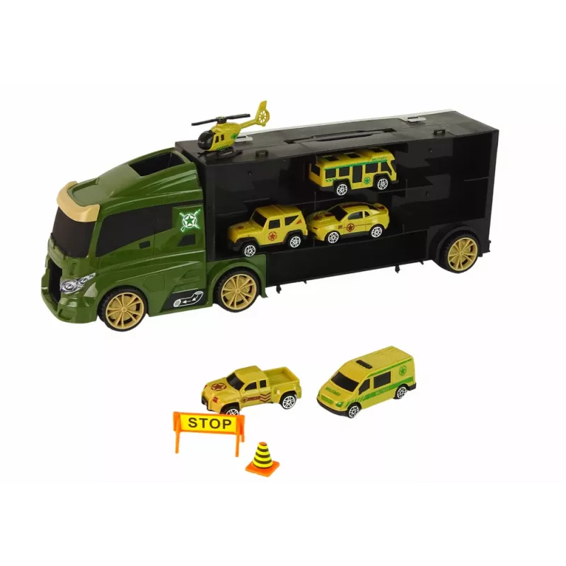 LEAN TOYS Automobilinis vilkikas su spyruokliniu mechanizmu ir lagaminu žaliems automobiliams