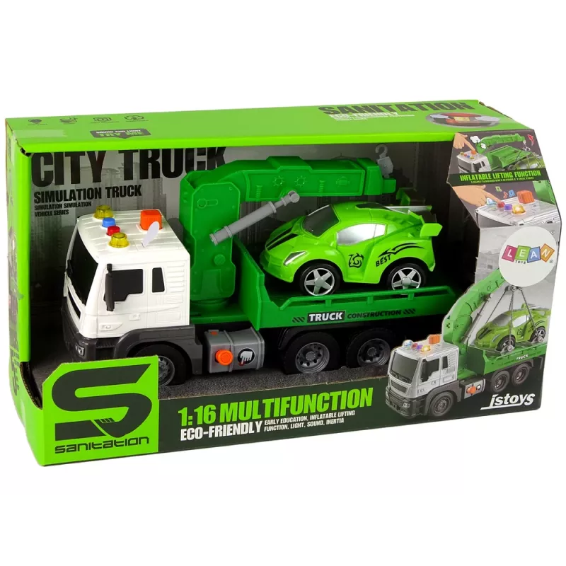 LEAN TOYS Automobilių transporteris pagalbos kelyje vilkikas 1:16 žalias su garsu ir šviesomis