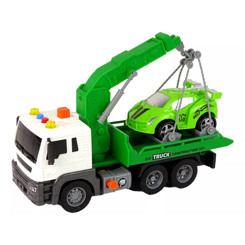 LEAN TOYS Automobilių transporteris pagalbos kelyje vilkikas 1:16 žalias su garsu ir šviesomis