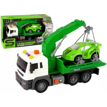 LEAN TOYS Automobilių transporteris pagalbos kelyje vilkikas 1:16 žalias su garsu ir šviesomis