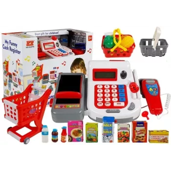 LEAN TOYS kasos aparatas su vežimėliu, krepšeliais ir aksesuarais | 35 dalių vaidmenų žaidimo rinkinys su veikiančiu skaičiuotuvu, šviečiančiu skaitytuvu, mikrofonu, apsipirkimo vežimėliu ir krepšeliu | Nuo 3 metų