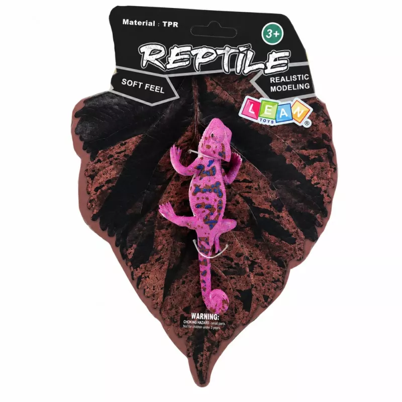 LEAN TOYS Chameleon guminė figūrėlė, tampri, realistinė, violetinis roplys, 14 cm
