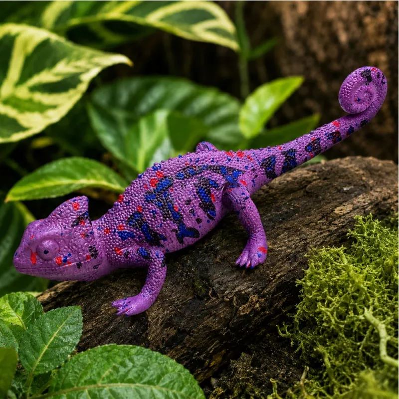 LEAN TOYS Chameleon guminė figūrėlė, tampri, realistinė, violetinis roplys, 14 cm