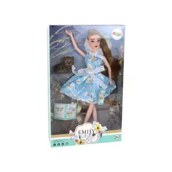LEAN TOYS Children's Doll Emily Spring Long Hair Blue Dress Kitten