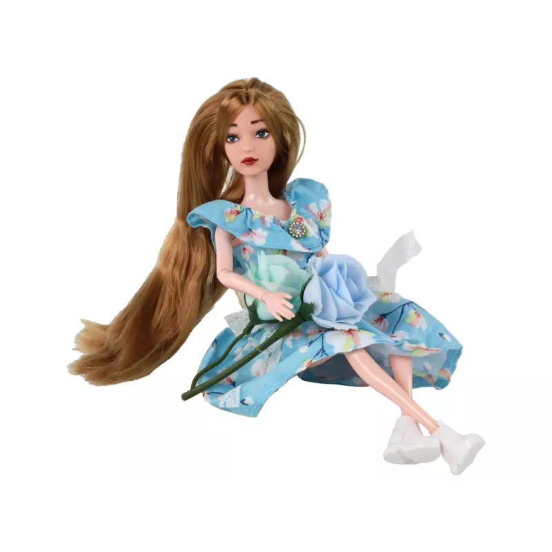 LEAN TOYS Vaikiška lėlė Emily Spring ilgais plaukais mėlyna gėlių suknele