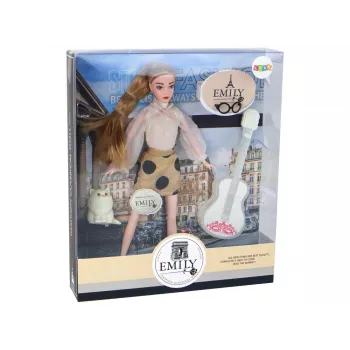 LEAN TOYS vaikiška lėlė Emily su gitara, akiniais, ilgais blondinais plaukais ir kačiuku