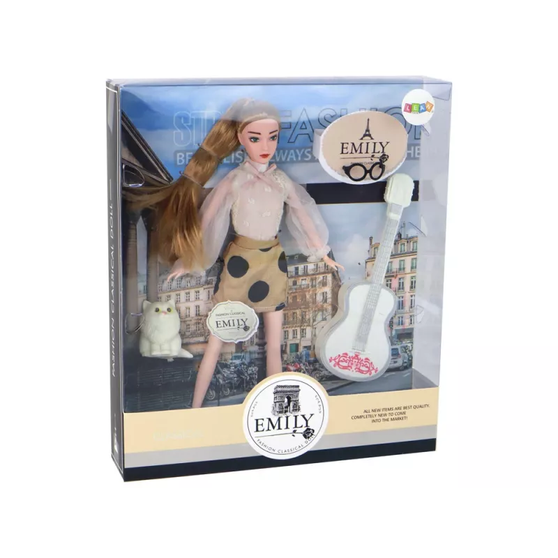LEAN TOYS vaikiška lėlė Emily su gitara, akiniais, ilgais blondinais plaukais ir kačiuku