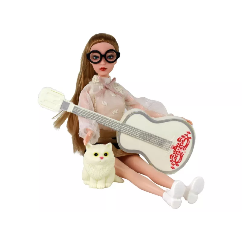 LEAN TOYS vaikiška lėlė Emily su gitara, akiniais, ilgais blondinais plaukais ir kačiuku