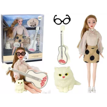 LEAN TOYS vaikiška lėlė Emily su gitara, akiniais, ilgais blondinais plaukais ir kačiuku