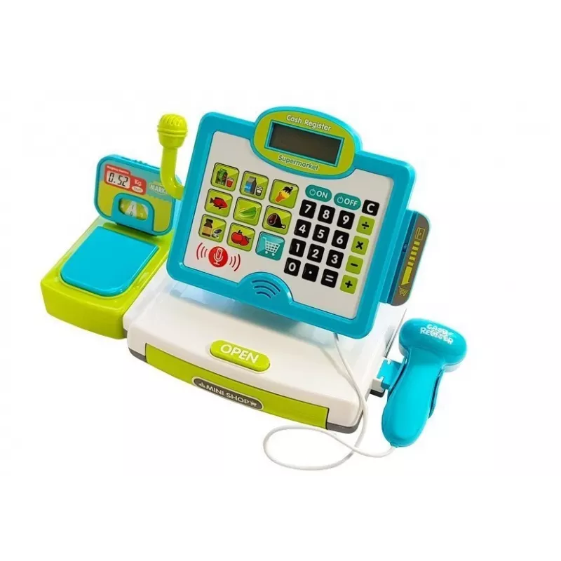 LEAN TOYS Vaikų elektroninis kasos aparatas su krepšeliu - mėlynas, veikiantis skaičiuotuvas, šviesa ir garsas, 25 priedai, nuo 3 metų