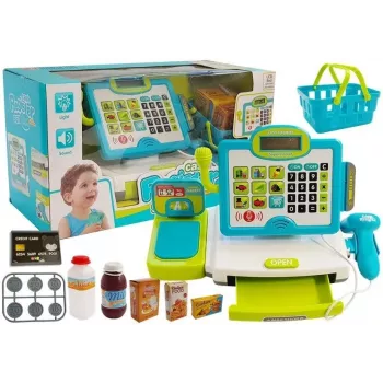 LEAN TOYS Vaikų elektroninis kasos aparatas su krepšeliu - mėlynas, veikiantis skaičiuotuvas, šviesa ir garsas, 25 priedai, nuo 3 metų