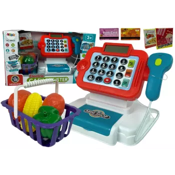 LEAN TOYS Vaikiškas kasos aparatas su skaičiuotuvu ir daržovių krepšeliu