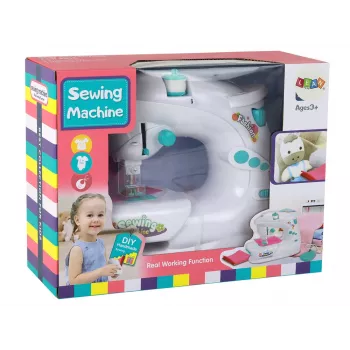 Lean Toys Vaikų siuvimo mašina vaikams - balta, baterijomis varoma, realistiškas žaislas su pedalą ir LED šviesa