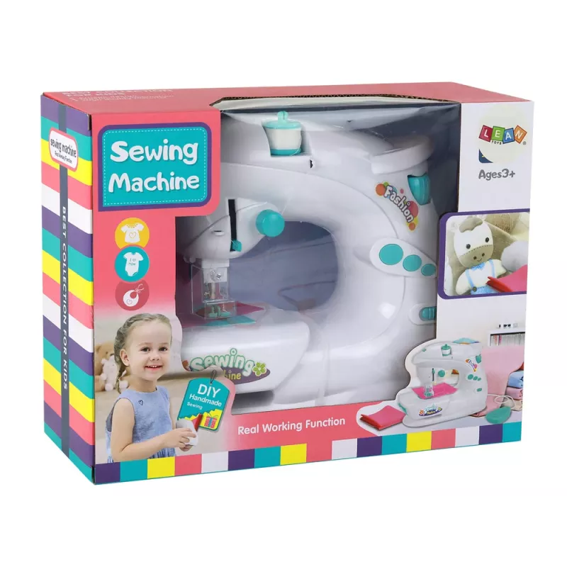 Lean Toys Vaikų siuvimo mašina vaikams - balta, baterijomis varoma, realistiškas žaislas su pedalą ir LED šviesa