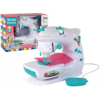 Lean Toys Vaikų siuvimo mašina vaikams - balta, baterijomis varoma, realistiškas žaislas su pedalą ir LED šviesa