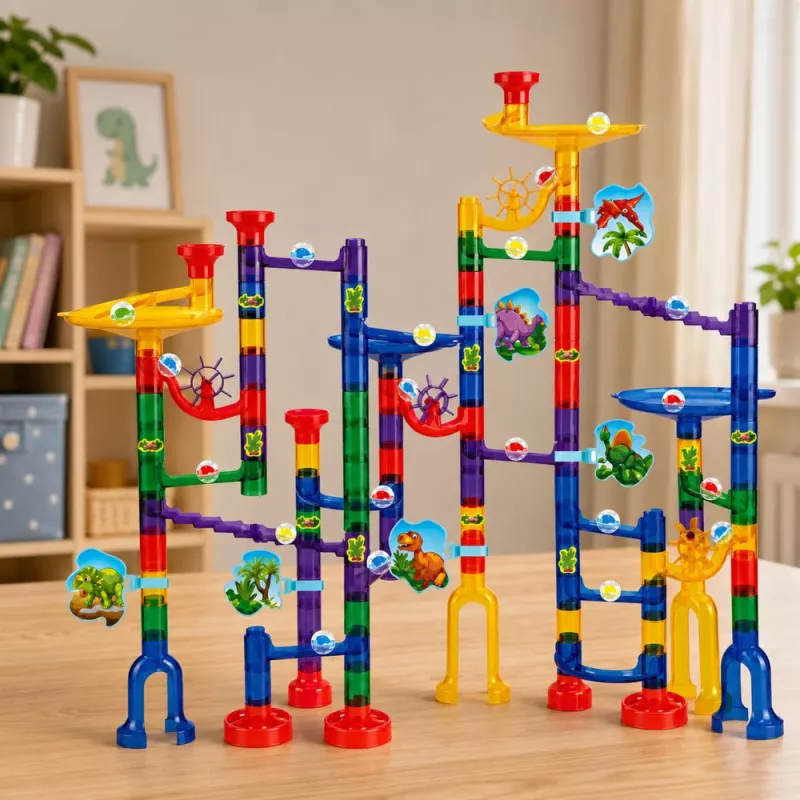 LEAN TOYS Konstrukcinis rinkinys kamuoliuko trasa su tuneliais ir spalvingais dinozaurais, 192 vnt.
