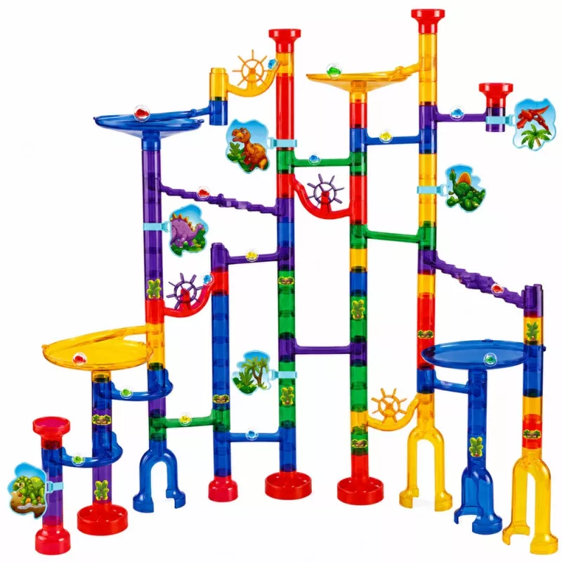 LEAN TOYS Konstrukcinis rinkinys kamuoliuko trasa su tuneliais ir spalvingais dinozaurais, 192 vnt.
