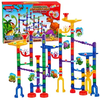 LEAN TOYS Konstrukcinis rinkinys kamuoliuko trasa su tuneliais ir spalvingais dinozaurais, 192 vnt.