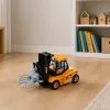 LEAN TOYS statybinė transporto priemonė šakininis krautuvas su reguliuojama griebtuvu šviesomis garsais geltonas 1:43