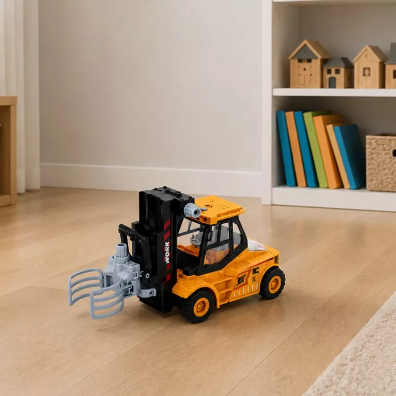 LEAN TOYS statybinė transporto priemonė šakininis krautuvas su reguliuojama griebtuvu šviesomis garsais geltonas 1:43