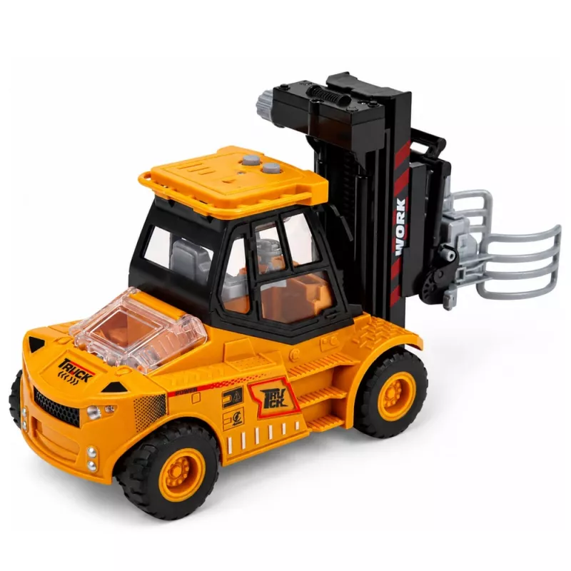 LEAN TOYS statybinė transporto priemonė šakininis krautuvas su reguliuojama griebtuvu šviesomis garsais geltonas 1:43